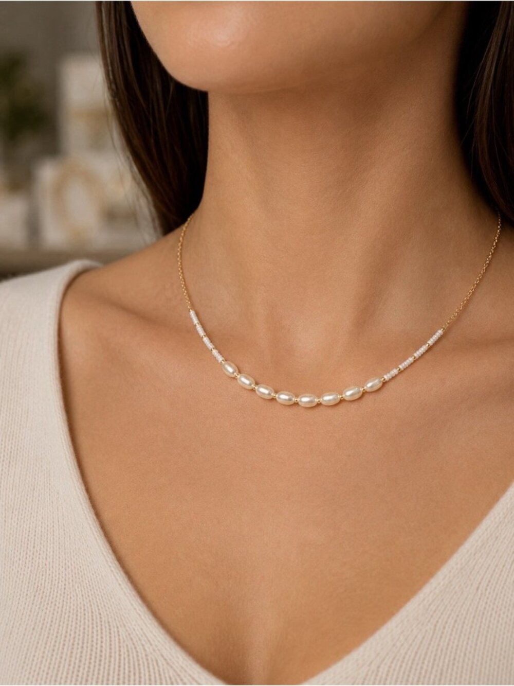 LC Lauren Conrad Dainty Seed Pearls Goldtone Charm 13" Choker Necklace NWT - Picture 2 of 9